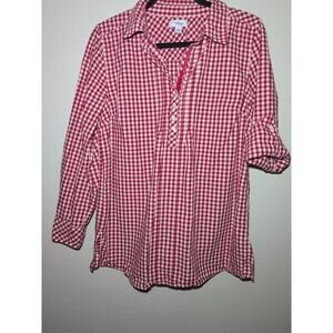 Red White Gingham Pintickucked Pullover Blouse Top 3/4 Sleeve